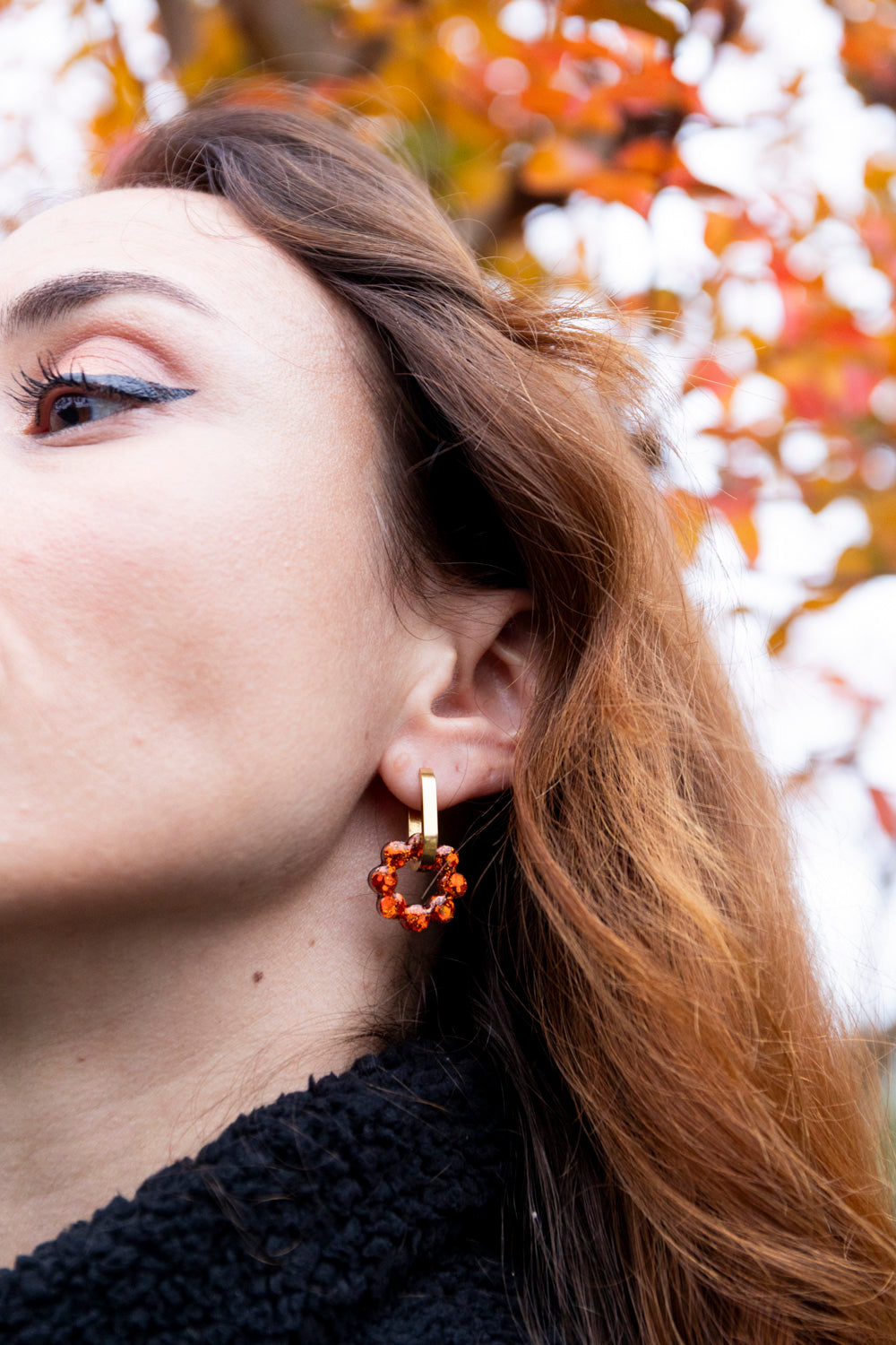 Pampilles interchangeables pailletées. Kaki, vert, doré, cuivré, bronze. Automne. Fleur. Atelier Rézane. Résine époxy. Fait main. Pays basque.