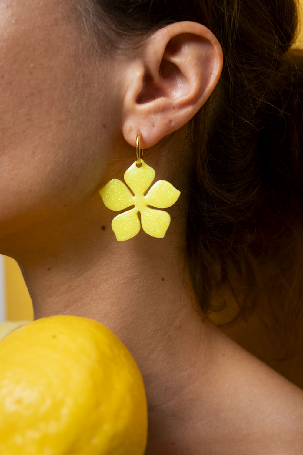 Pampilles interchangeables jaune citron Ă paillettes fluo.