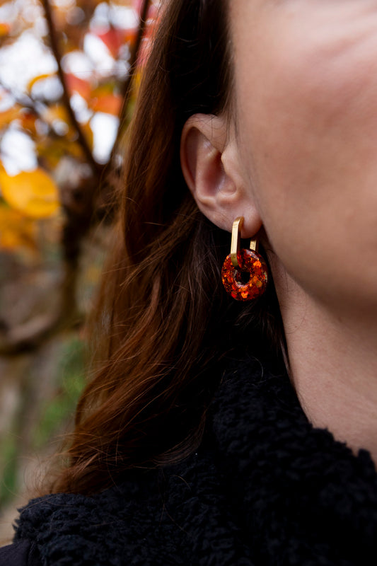 Pampilles interchangeables pailletées. Kaki, vert, doré, cuivré, bronze. Automne. Donut. Atelier Rézane. Résine époxy. Fait main. Pays basque.