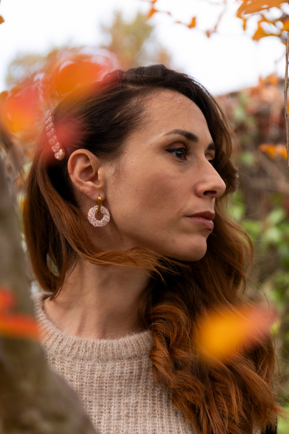 Pampilles interchangeables pailletées. Kaki, vert, doré, cuivré, bronze. Automne. Donut. Atelier Rézane. Résine époxy. Fait main. Pays basque.