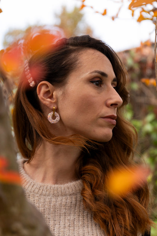 Pampilles interchangeables pailletées. Kaki, vert, doré, cuivré, bronze. Automne. Donut. Atelier Rézane. Résine époxy. Fait main. Pays basque.