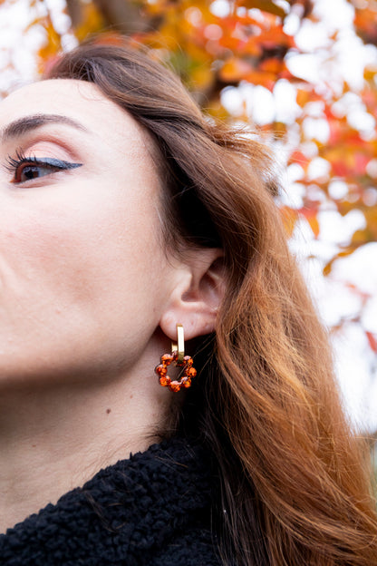 Pampilles interchangeables pailletées. Kaki, vert, doré, cuivré, bronze. Automne. Fleur. Atelier Rézane. Résine époxy. Fait main. Pays basque.