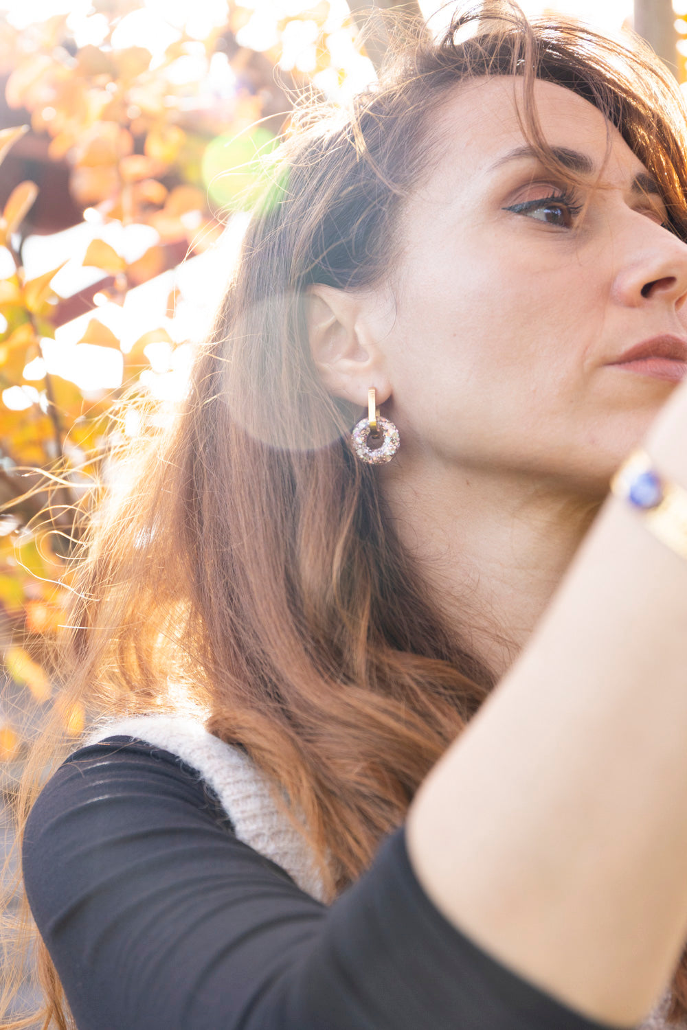 Pampilles interchangeables pailletées. Kaki, vert, doré, cuivré, bronze. Automne. Donut. Atelier Rézane. Résine époxy. Fait main. Pays basque.