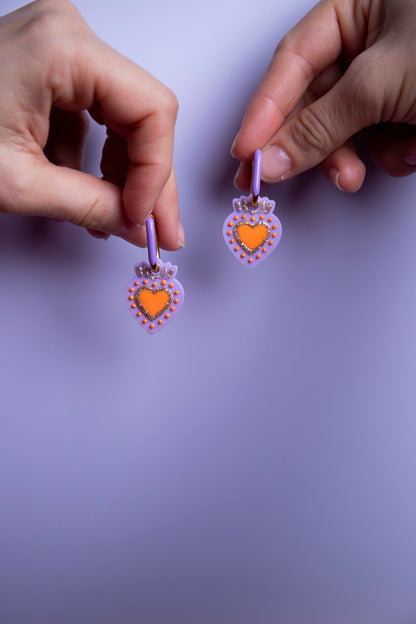 Pampilles interchangeables ex voto. Fait main au pays basque. Orange, lilas, doré. Boucles d'oreilles. 