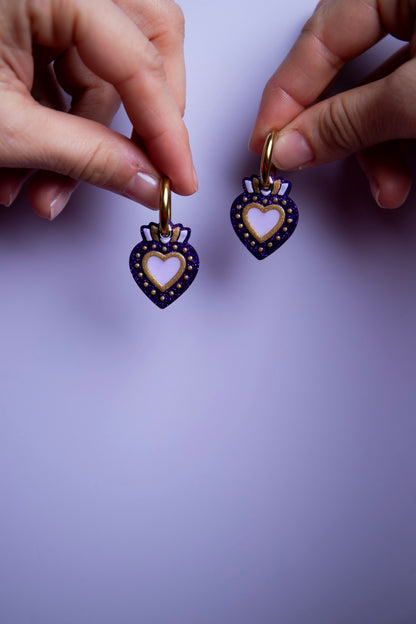Pampilles interchangeables ex voto. Fait main au pays basque. Violer, lilas, doré. Boucles d'oreilles. 