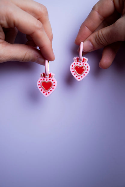 Pampilles interchangeables ex voto. Fait main au pays basque. Rouge, rose, doré. Boucles d'oreilles. 