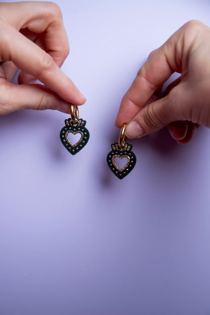 Pampilles interchangeables ex voto. Fait main au pays basque. Kaki, vert, doré. Boucles d'oreilles. 