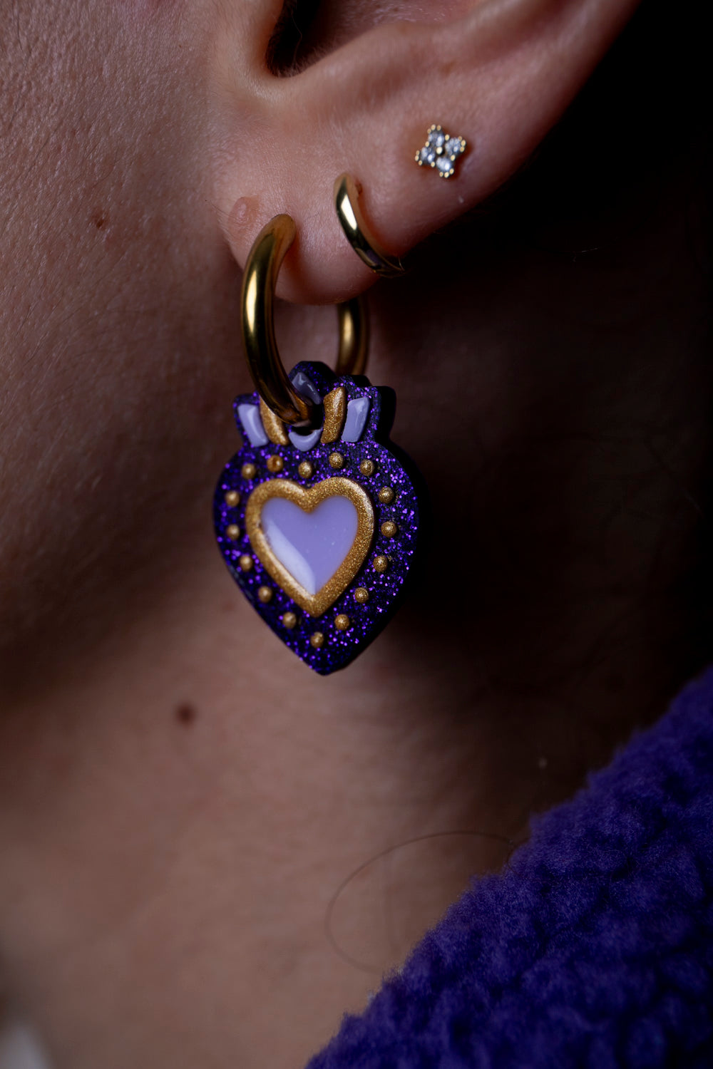 Pampilles interchangeables ex voto. Fait main au pays basque. Violer, lilas, doré. Boucles d'oreilles. 