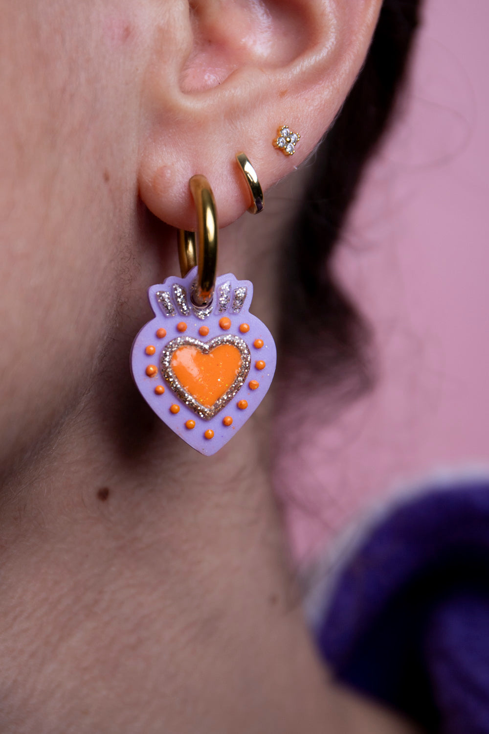 Pampilles interchangeables ex voto. Fait main au pays basque. Orange, lilas, doré. Boucles d'oreilles. 