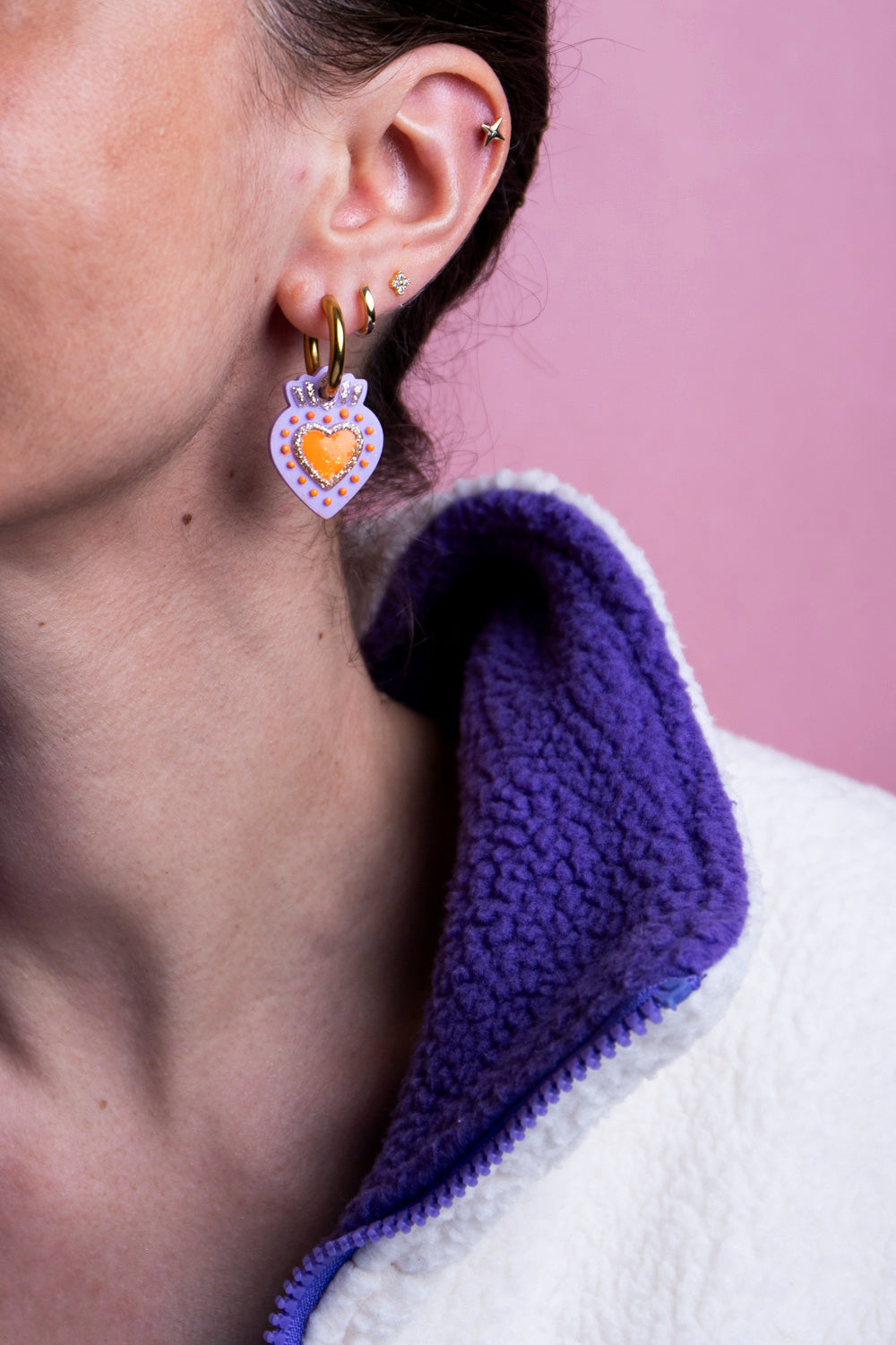 Pampilles interchangeables ex voto. Fait main au pays basque. Orange, lilas, doré. Boucles d'oreilles. 