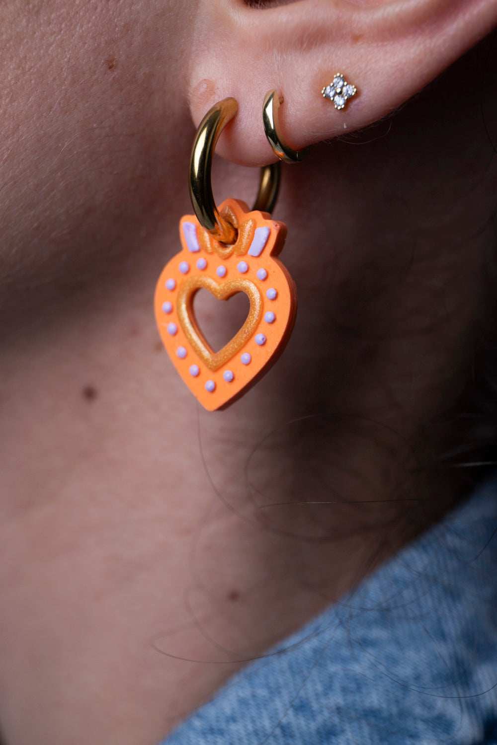 Pampilles interchangeables ex voto. Fait main au pays basque. Orange, lilas, doré. Boucles d'oreilles. 