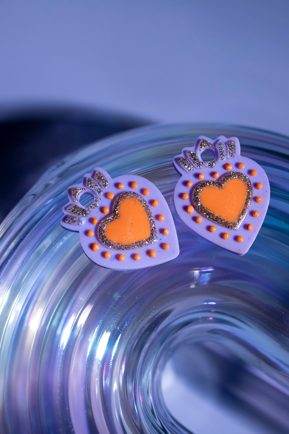 Pampilles interchangeables ex voto. Fait main au pays basque. Orange, lilas, doré. Boucles d'oreilles. 